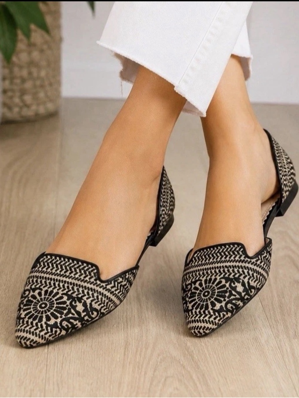 Soft Surroundings Amelia Pointed Toe D’orsay Flats Black & Beige Floral Size 10